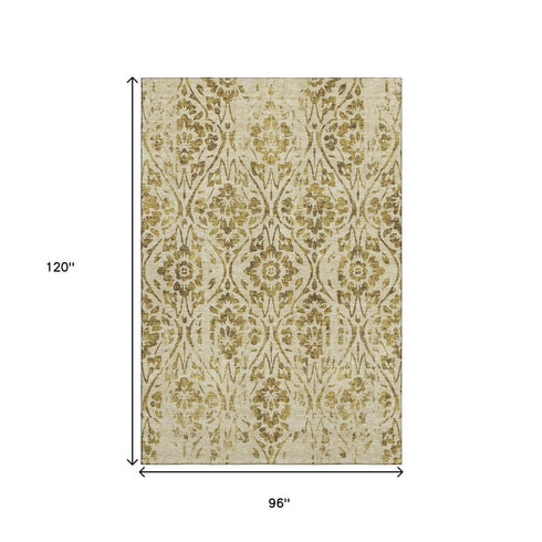 8' X 10' Gold And Beige Floral Washable Area Rug With UV Protection