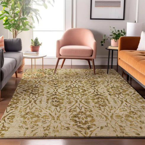 8' X 10' Gold And Beige Floral Washable Area Rug With UV Protection