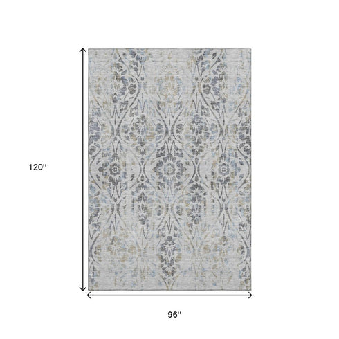 8' X 10' Gray And Blue Floral Washable Area Rug With UV Protection