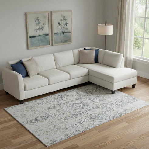 8' X 10' Gray And Blue Floral Washable Area Rug With UV Protection
