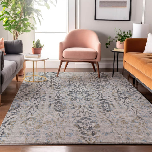8' X 10' Gray And Blue Floral Washable Area Rug With UV Protection