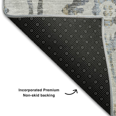 8' X 10' Gray And Blue Floral Washable Area Rug With UV Protection