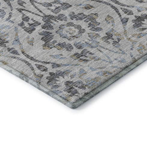 8' X 10' Gray And Blue Floral Washable Area Rug With UV Protection