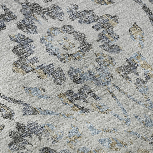 8' X 10' Gray And Blue Floral Washable Area Rug With UV Protection
