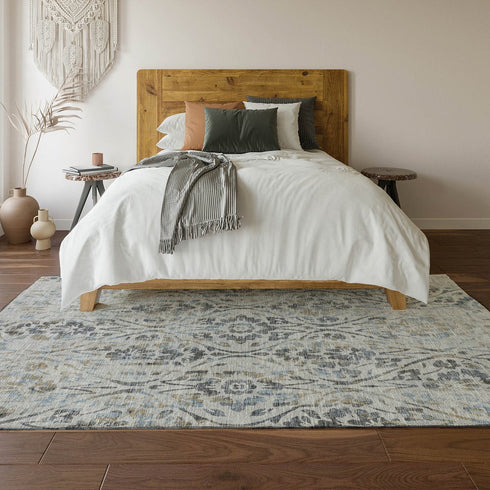 8' X 10' Gray And Blue Floral Washable Area Rug With UV Protection