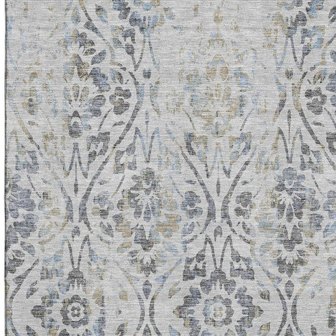 8' X 10' Gray And Blue Floral Washable Area Rug With UV Protection