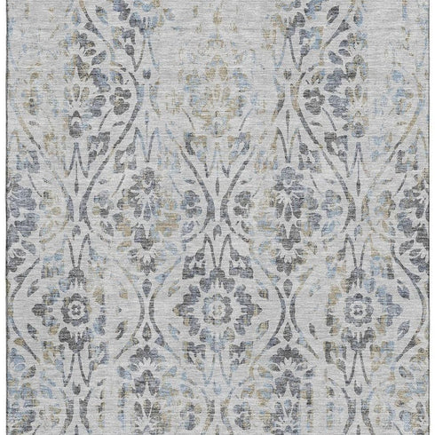 8' X 10' Gray And Blue Floral Washable Area Rug With UV Protection
