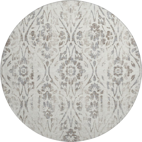 8' Ivory And Beige Floral Washable Round Rug With UV Protection