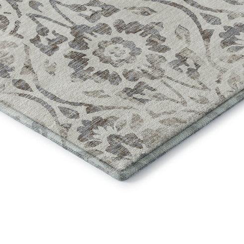 8' Ivory And Beige Floral Washable Round Rug With UV Protection