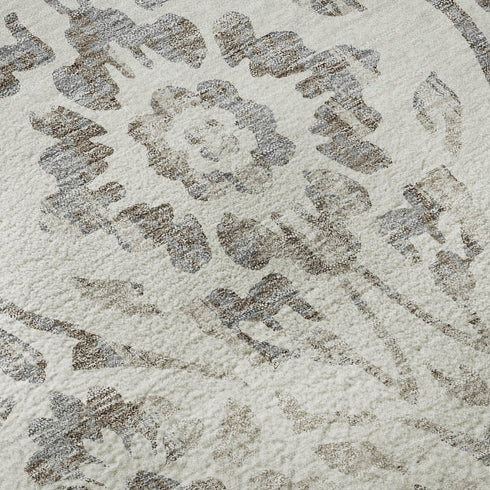 8' Ivory And Beige Floral Washable Round Rug With UV Protection