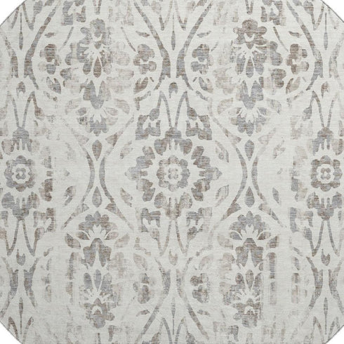 8' Ivory And Beige Floral Washable Round Rug With UV Protection