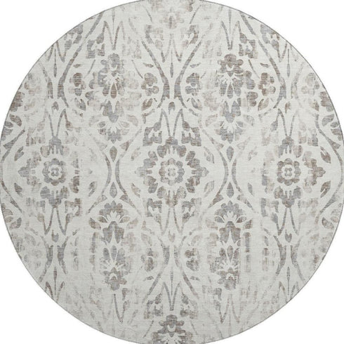 8' Ivory And Beige Floral Washable Round Rug With UV Protection