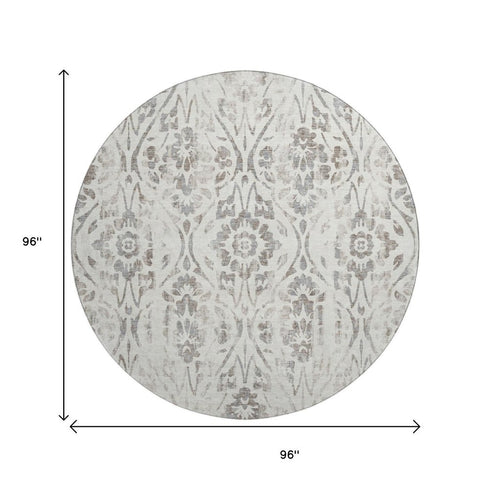 8' Ivory And Beige Floral Washable Round Rug With UV Protection