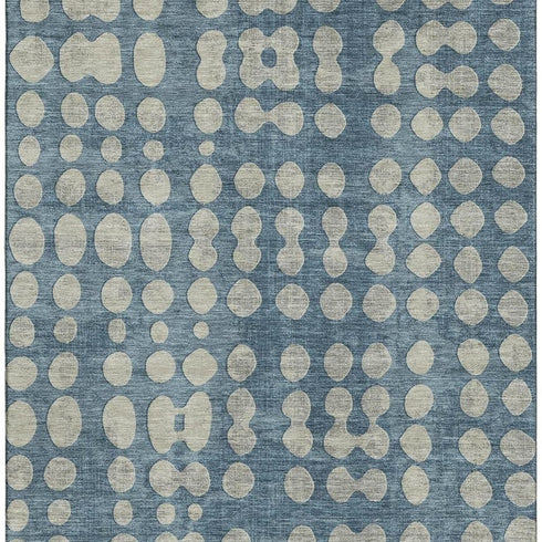 5' X 8' Denim Blue And Beige Polka Dot Washable Area Rug With UV Protection