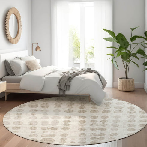 8' Ivory And Beige Polka Dot Washable Round Rug With UV Protection