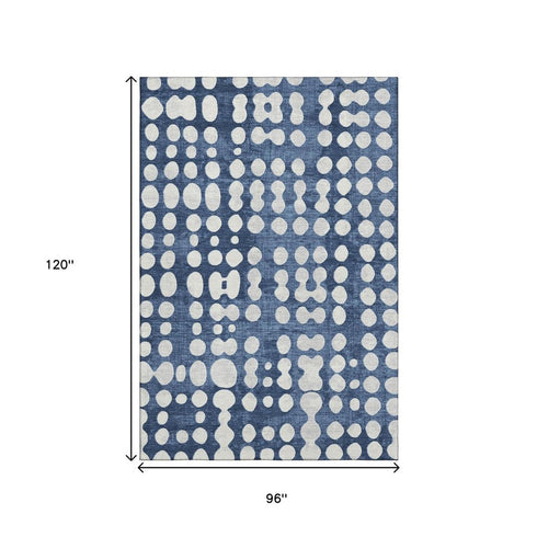 8' X 10' Navy Blue And Ivory Polka Dot Washable Area Rug With UV Protection