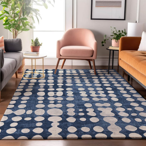 8' X 10' Navy Blue And Ivory Polka Dot Washable Area Rug With UV Protection