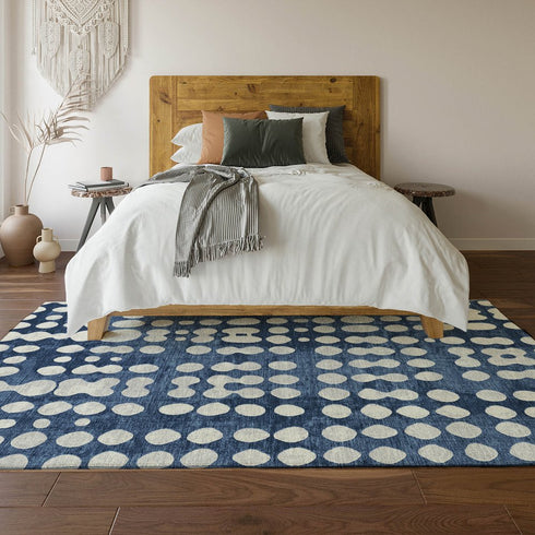 8' X 10' Navy Blue And Ivory Polka Dot Washable Area Rug With UV Protection