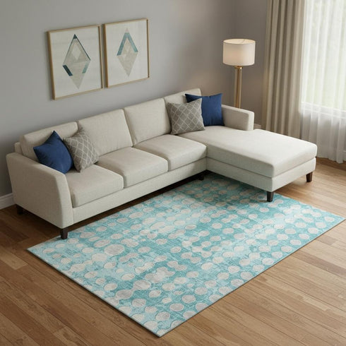 8' X 10' Teal And Ivory Polka Dot Washable Area Rug With UV Protection