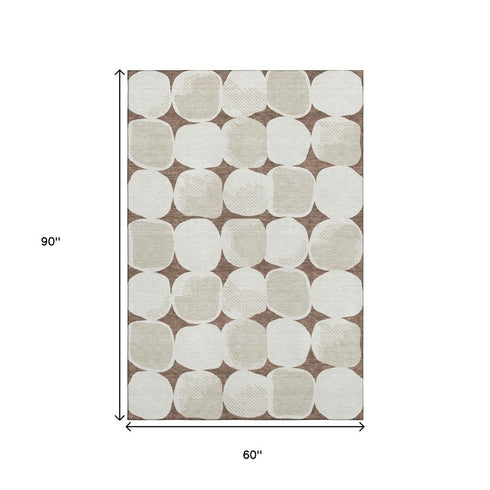 5' X 8' Brown And Ivory Abstract Geometric Washable Area Rug With UV Protection