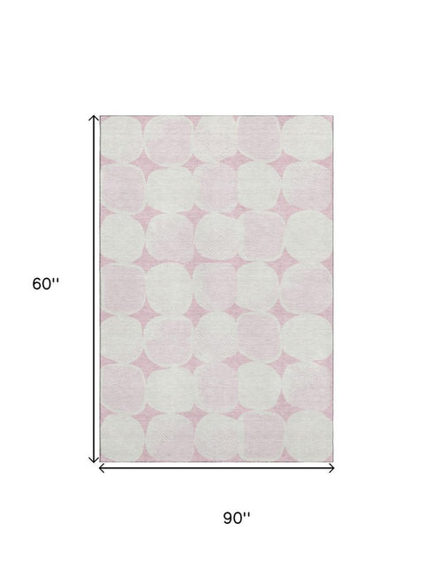 5' X 8' Pink And Ivory Abstract Geometric Washable Area Rug With UV Protection