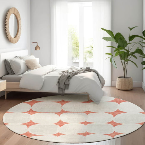 8' Salmon And Ivory Abstract Geometric Washable Round Rug With UV Protection