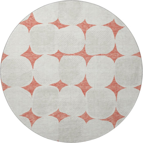 8' Salmon And Ivory Abstract Geometric Washable Round Rug With UV Protection