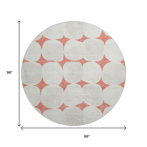 8' Salmon And Ivory Abstract Geometric Washable Round Rug With UV Protection
