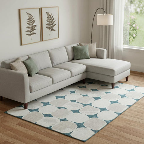 8' X 10' Teal And Ivory Abstract Geometric Washable Area Rug With UV Protection