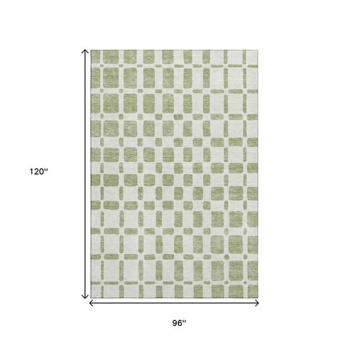 8' X 10' Artichoke Green And Ivory Geometric Washable Area Rug With UV Protection