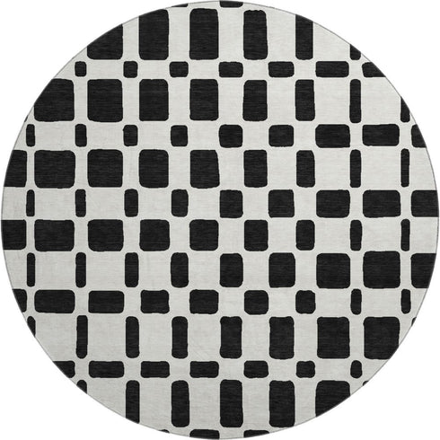 8' Black And Ivory Geometric Washable Round Rug With UV Protection