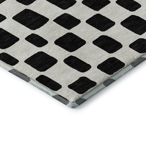 8' Black And Ivory Geometric Washable Round Rug With UV Protection