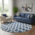8' Navy Blue And Ivory Geometric Washable Round Rug With UV Protection