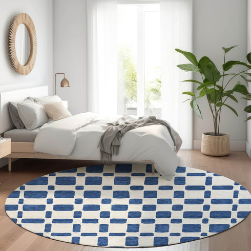 8' Navy Blue And Ivory Geometric Washable Round Rug With UV Protection