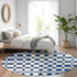 8' Navy Blue And Ivory Geometric Washable Round Rug With UV Protection