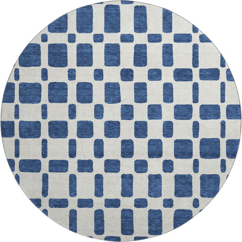 8' Navy Blue And Ivory Geometric Washable Round Rug With UV Protection
