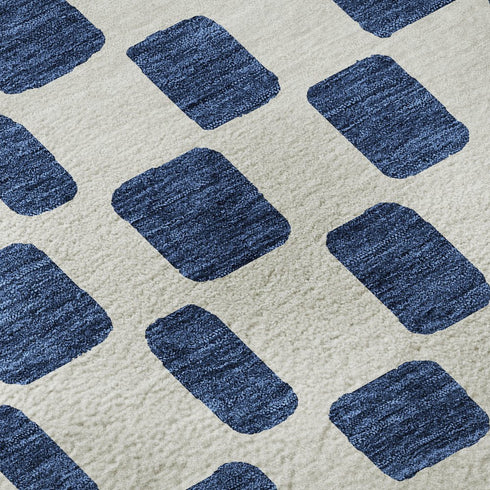 8' Navy Blue And Ivory Geometric Washable Round Rug With UV Protection