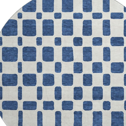 8' Navy Blue And Ivory Geometric Washable Round Rug With UV Protection