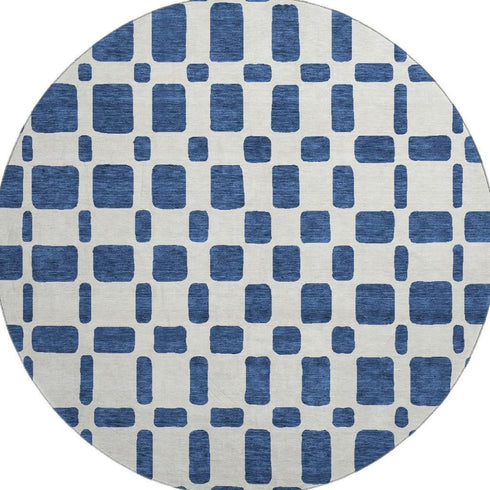8' Navy Blue And Ivory Geometric Washable Round Rug With UV Protection