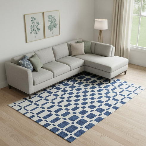 8' X 10' Navy Blue And Ivory Geometric Washable Area Rug With UV Protection