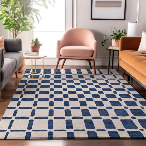 8' X 10' Navy Blue And Ivory Geometric Washable Area Rug With UV Protection