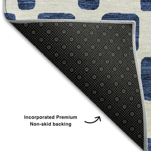 8' X 10' Navy Blue And Ivory Geometric Washable Area Rug With UV Protection