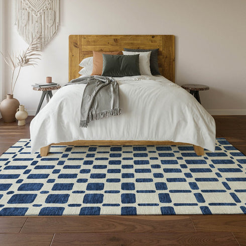 8' X 10' Navy Blue And Ivory Geometric Washable Area Rug With UV Protection