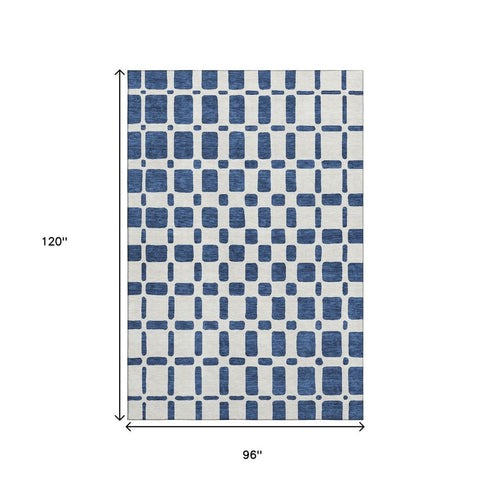 8' X 10' Navy Blue And Ivory Geometric Washable Area Rug With UV Protection