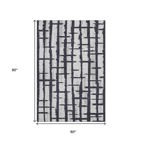 5' X 8' Black And Silver Striped Washable Area Rug With UV Protection