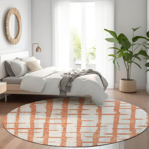 8' Coral And Beige Striped Washable Round Rug With UV Protection
