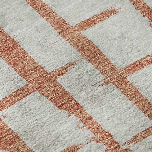 8' Coral And Beige Striped Washable Round Rug With UV Protection