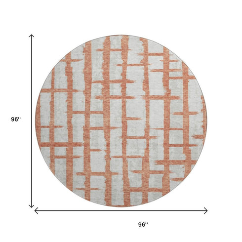 8' Coral And Beige Striped Washable Round Rug With UV Protection