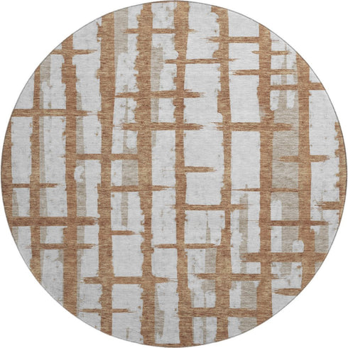 8' Rust And Beige Striped Washable Round Rug With UV Protection