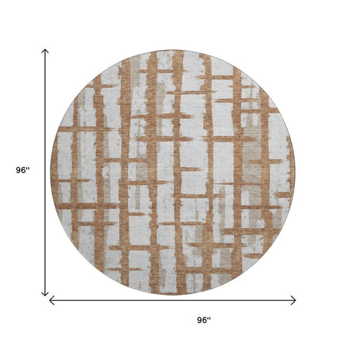 8' Rust And Beige Striped Washable Round Rug With UV Protection